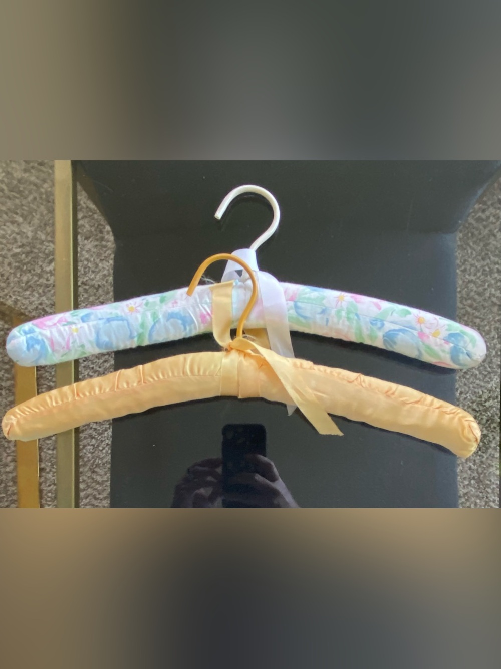 VTG Padded Clothing Hangers Yellow Satin Cotton Floral Flowers w Ribbon set Of 2
